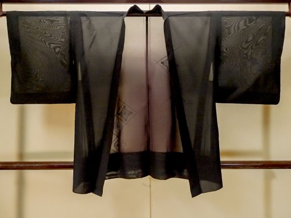 Photo1: P0603A Vintage Japanese kimono Black HAORI short jacket for women / Silk. Diamond-shaped flowers (Grade B) (1)