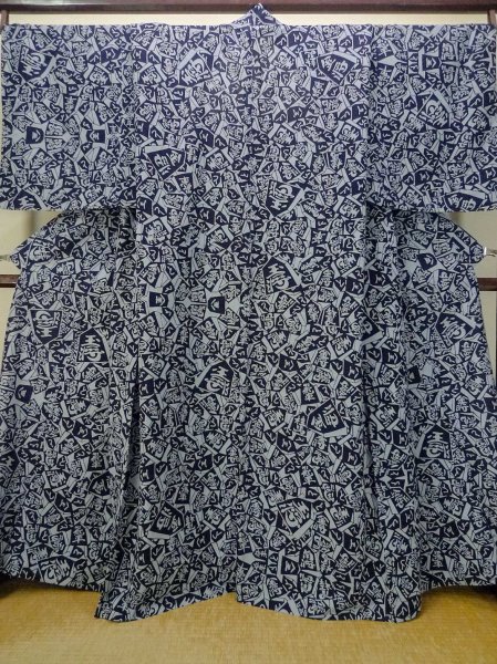 Photo2: P0616A Used Japanese kimono Indigo Blue Men's Yukata for men / Cotton., Japanese chess pattern (Grade B) (2)