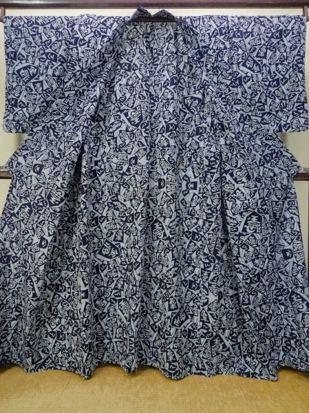 Photo3: P0616A Used Japanese kimono Indigo Blue Men's Yukata for men / Cotton., Japanese chess pattern (Grade B) (3)