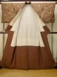 Photo3: P0616E Vintage Japanese kimono Pale Brown TSUMUGI pongee for women / Silk. Flower (Grade D) (3)
