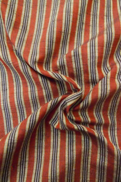 Photo11: P0616F Vintage Japanese kimono Black TSUMUGI pongee for women / Silk. Stripes (Grade B) (11)