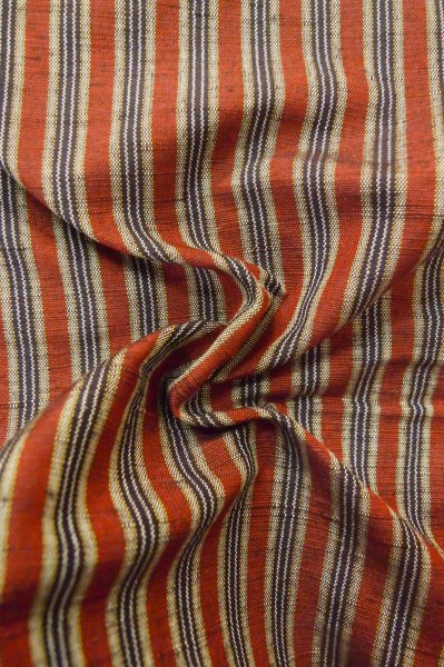 Photo12: P0616F Vintage Japanese kimono Black TSUMUGI pongee for women / Silk. Stripes (Grade B) (12)