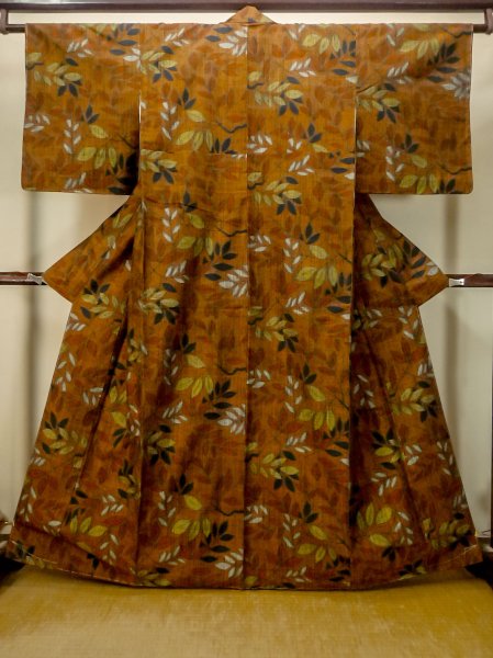 Photo2: Mint P0616G Used Japanese kimono Dark Orange TSUMUGI pongee for women / Silk. Leaf (Grade A) (2)