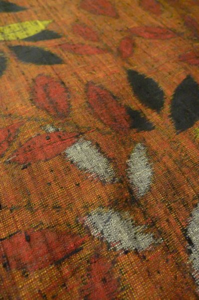 Photo10: Mint P0616G Used Japanese kimono Dark Orange TSUMUGI pongee for women / Silk. Leaf (Grade A) (10)