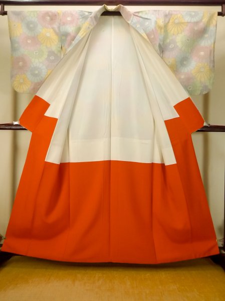 Photo3: P0616I Vintage Japanese kimono Pale Multi Color TSUMUGI pongee for women / Silk. Chrysanthemum (Grade C) (3)