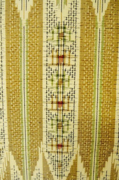 Photo5: P0616R Vintage Japanese kimono Dark Golden Yellow TSUMUGI pongee for women / Silk. Geometrical pattern (Grade B) (5)
