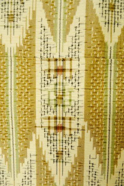 Photo6: P0616R Vintage Japanese kimono Dark Golden Yellow TSUMUGI pongee for women / Silk. Geometrical pattern (Grade B) (6)