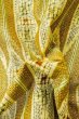Photo10: P0616R Vintage Japanese kimono Dark Golden Yellow TSUMUGI pongee for women / Silk. Geometrical pattern (Grade B) (10)