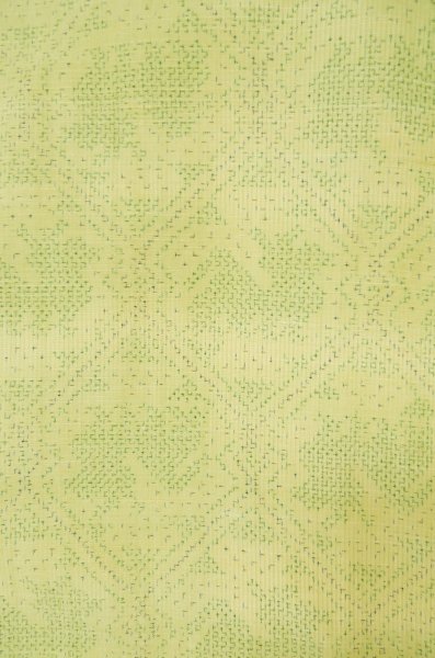 Photo3: P0616U Vintage Japanese kimono Yellowish Green TSUMUGI pongee for women / Silk. Abstract pattern (Grade C) (3)
