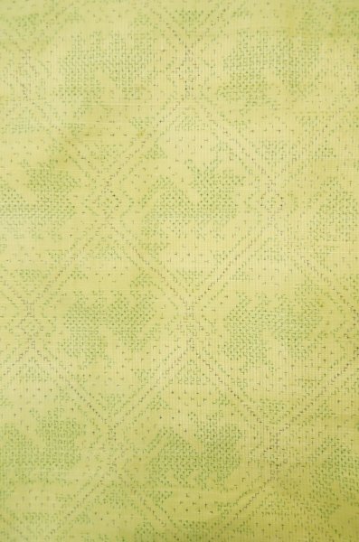 Photo4: P0616U Vintage Japanese kimono Yellowish Green TSUMUGI pongee for women / Silk. Abstract pattern (Grade C) (4)