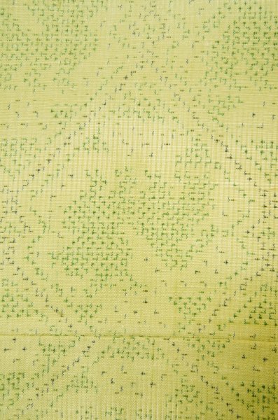Photo5: P0616U Vintage Japanese kimono Yellowish Green TSUMUGI pongee for women / Silk. Abstract pattern (Grade C) (5)