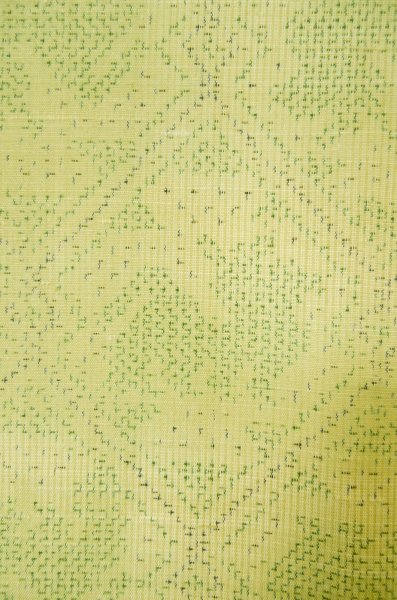 Photo6: P0616U Vintage Japanese kimono Yellowish Green TSUMUGI pongee for women / Silk. Abstract pattern (Grade C) (6)