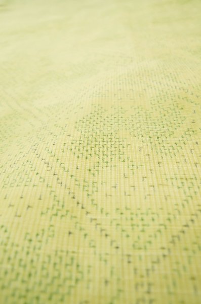 Photo9: P0616U Vintage Japanese kimono Yellowish Green TSUMUGI pongee for women / Silk. Abstract pattern (Grade C) (9)