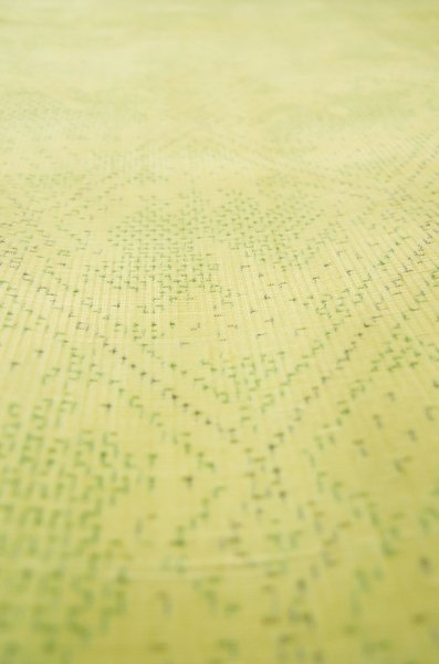 Photo10: P0616U Vintage Japanese kimono Yellowish Green TSUMUGI pongee for women / Silk. Abstract pattern (Grade C) (10)
