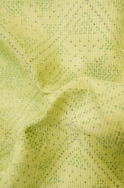 Photo11: P0616U Vintage Japanese kimono Yellowish Green TSUMUGI pongee for women / Silk. Abstract pattern (Grade C) (11)