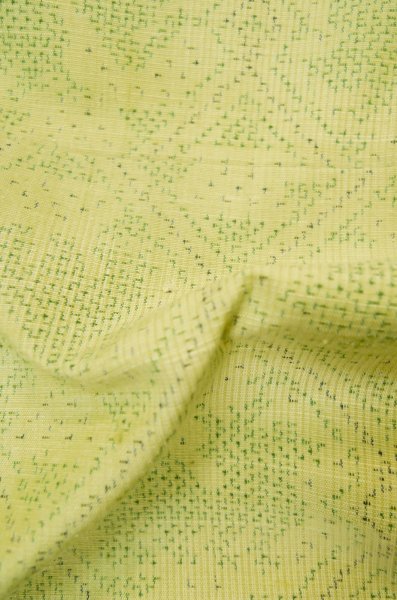 Photo12: P0616U Vintage Japanese kimono Yellowish Green TSUMUGI pongee for women / Silk. Abstract pattern (Grade C) (12)