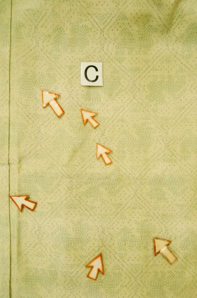 Photo16: P0616U Vintage Japanese kimono Yellowish Green TSUMUGI pongee for women / Silk. Abstract pattern (Grade C) (16)