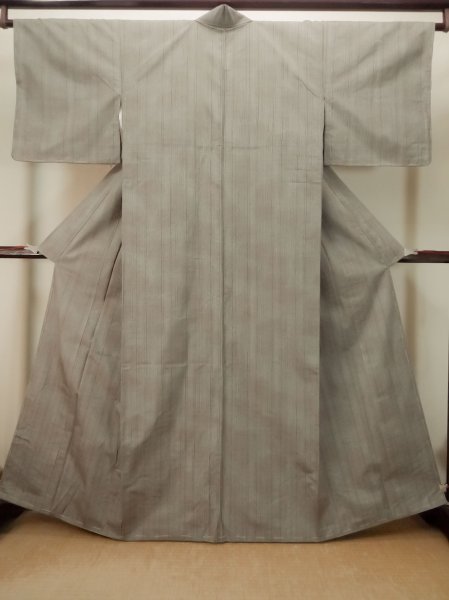 Photo1: P0616V Vintage Japanese kimono Brownish Gray TSUMUGI pongee for women / Silk. Stripes (Grade A+) (1)
