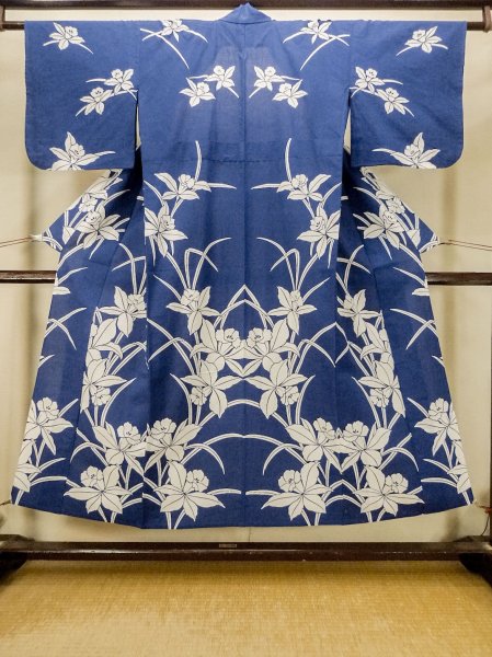Photo1: Mint P0617D Vintage Japanese kimono Indigo Blue YUKATA summer(made in Japan) for women / Cotton. Flower (Grade A) (1)