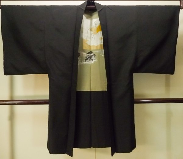 Photo1: P0708B Vintage Japanese kimono Black Men's Haori for men / Silk. (Grade D) (1)