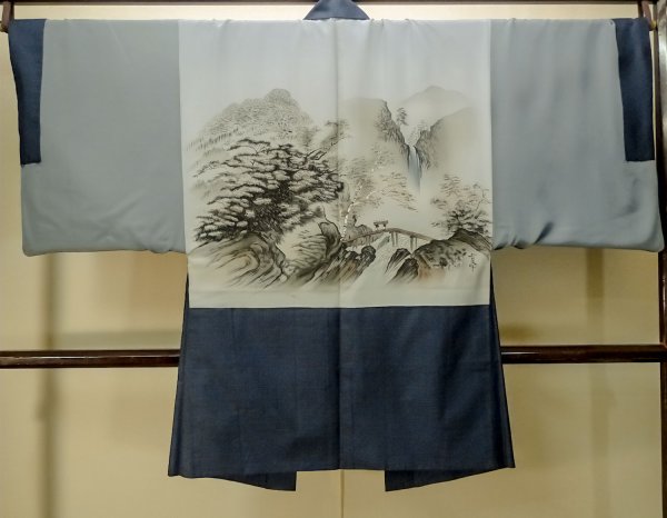 Photo3: P0708D Vintage Japanese kimono Indigo Blue OSHIMA-TSUMUGI for men / Silk. Tortoise-shell pattern(Hexagonal pattern) (Grade B) (3)
