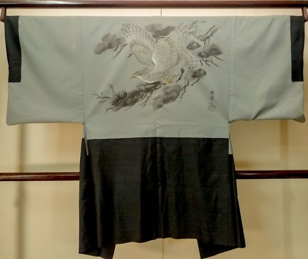 Photo3: Mint P0708F Vintage Japanese kimono Dark Navy Blue OSHIMA-TSUMUGI for men / Silk. Geometrical pattern (Grade A) (3)