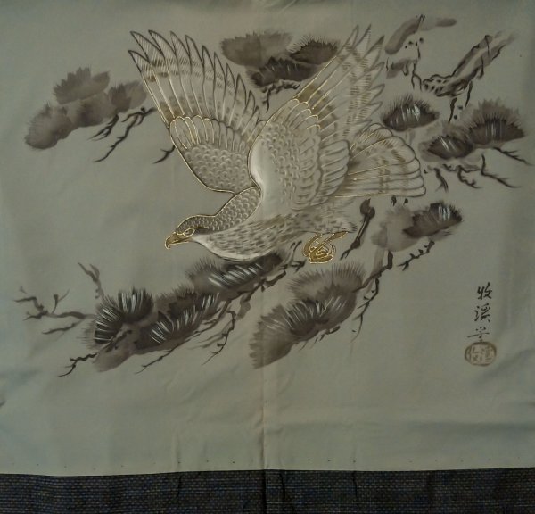 Photo4: Mint P0708F Vintage Japanese kimono Dark Navy Blue OSHIMA-TSUMUGI for men / Silk. Geometrical pattern (Grade A) (4)