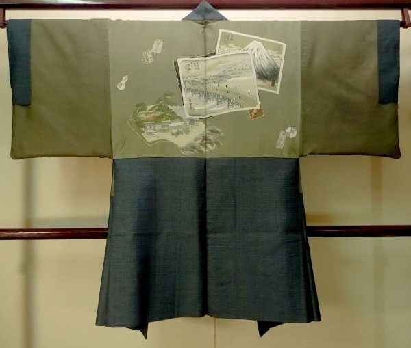 Photo3: P0708H Vintage Japanese kimono Dark Indigo Blue Men's Haori for men / Silk. Geometrical pattern (Grade C) (3)