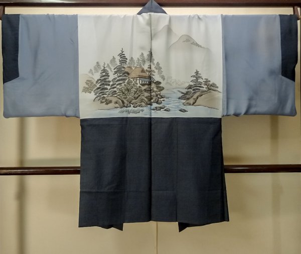 Photo3: P0708M Vintage Japanese kimono Dark Navy Blue OSHIMA-TSUMUGI for men / Silk. Tortoise-shell pattern(Hexagonal pattern) (Grade A) (3)
