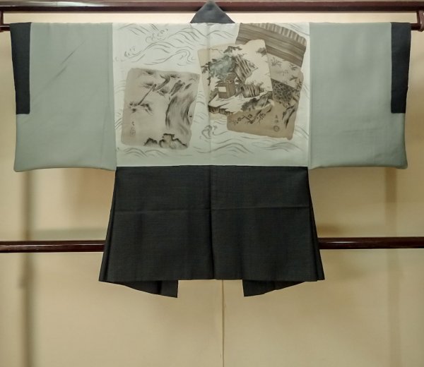 Photo3: Mint P0708P Vintage Japanese kimono Dark Navy Blue OSHIMA-TSUMUGI for men / Silk. Geometrical pattern (Grade B) (3)
