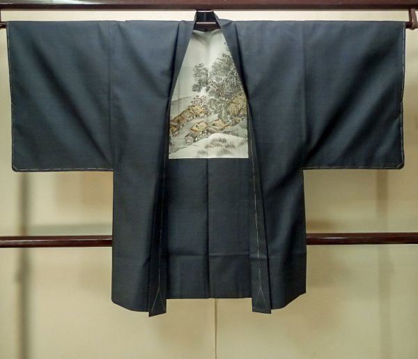 Photo1: P0708Q Vintage Japanese kimono Dark Navy Blue Men's Haori for men / Silk. Tortoise-shell pattern(Hexagonal pattern) (Grade B) (1)