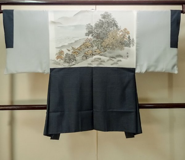 Photo3: P0708Q Vintage Japanese kimono Dark Navy Blue Men's Haori for men / Silk. Tortoise-shell pattern(Hexagonal pattern) (Grade B) (3)