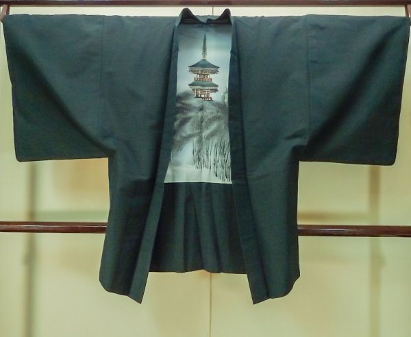 Photo1: Mint P0708V Vintage Japanese kimono Dark Teal Men's Haori for men / Silk. (Grade A) (1)