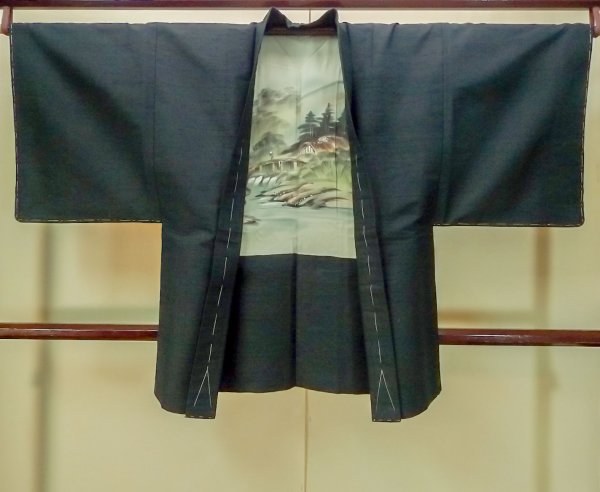 Photo1: P0708W Vintage Japanese kimono Dark Teal Men's Haori for men / Silk. (Grade D) (1)