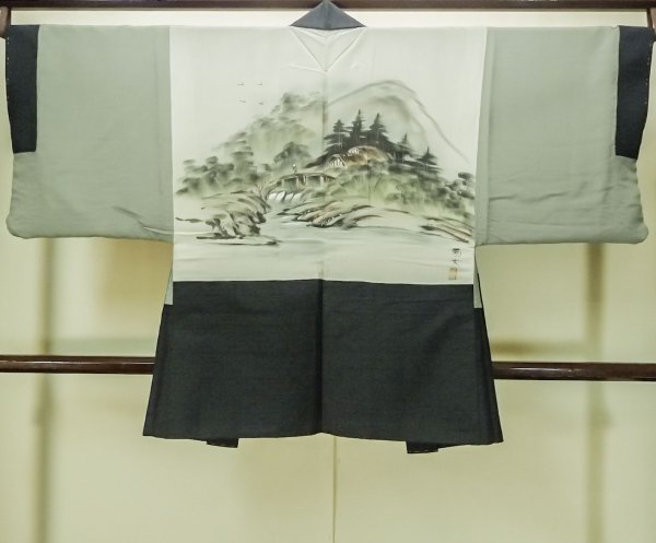 Photo3: P0708W Vintage Japanese kimono Dark Teal Men's Haori for men / Silk. (Grade D) (3)