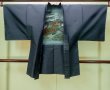 Photo1: Mint P0709B Vintage Japanese kimono Dark Navy Blue OSHIMA-TSUMUGI for men / Silk. Geometrical pattern (Grade A+) (1)