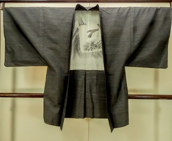 Photo1: P0709E Vintage Japanese kimono Dark Brown Men's Haori for men / Silk. Dot (Grade B) (1)