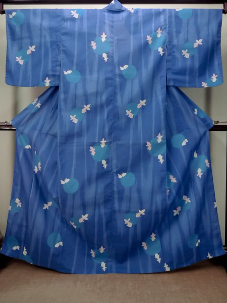 Photo2: Mint P0722A Used Japanese kimono Pale Blue YUKATA summer(made in Other than Japan) for women / Cotton. Circle, Goldfish pattern (Grade A) (2)