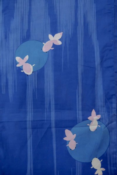 Photo1: Mint P0722A Used Japanese kimono Pale Blue YUKATA summer(made in Other than Japan) for women / Cotton. Circle, Goldfish pattern (Grade A) (1)