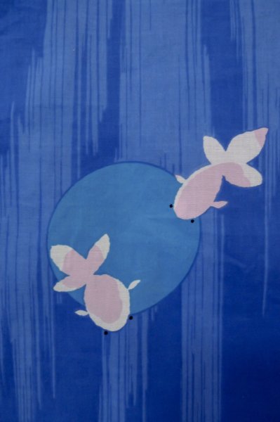 Photo5: Mint P0722A Used Japanese kimono Pale Blue YUKATA summer(made in Other than Japan) for women / Cotton. Circle, Goldfish pattern (Grade A) (5)