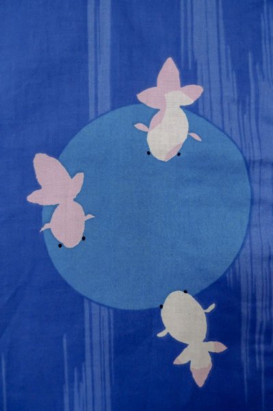 Photo6: Mint P0722A Used Japanese kimono Pale Blue YUKATA summer(made in Other than Japan) for women / Cotton. Circle, Goldfish pattern (Grade A) (6)