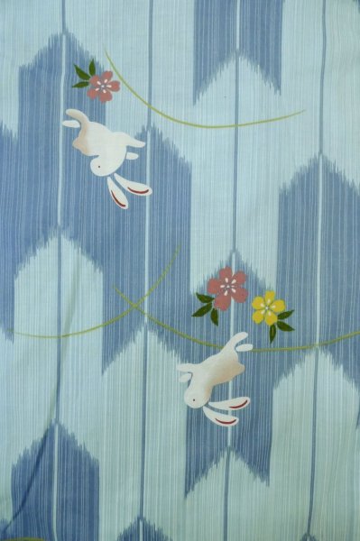 Photo1: P0722B Used Japanese kimono Light Blue YUKATA summer(made in Other than Japan) for women / Cotton. Flower, Rabbit, allow feather pattern (Grade D) (1)