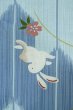 Photo6: P0722B Used Japanese kimono Light Blue YUKATA summer(made in Other than Japan) for women / Cotton. Flower, Rabbit, allow feather pattern (Grade D) (6)