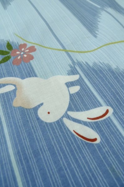 Photo10: P0722B Used Japanese kimono Light Blue YUKATA summer(made in Other than Japan) for women / Cotton. Flower, Rabbit, allow feather pattern (Grade D) (10)