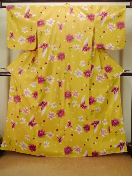 Photo2: P0722C Used Japanese kimono Yellow YUKATA summer(made in Other than Japan) for women / Cotton. Flower (Grade B) (2)