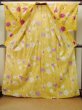 Photo3: P0722C Used Japanese kimono Yellow YUKATA summer(made in Other than Japan) for women / Cotton. Flower (Grade B) (3)