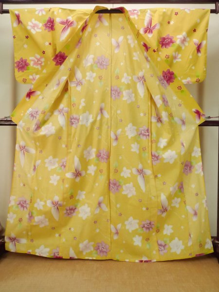 Photo3: P0722C Used Japanese kimono Yellow YUKATA summer(made in Other than Japan) for women / Cotton. Flower (Grade B) (3)