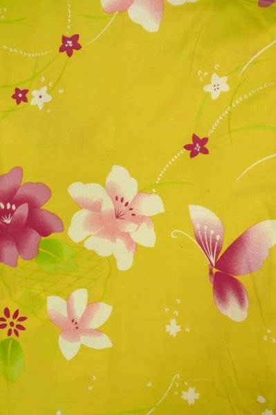 Photo4: P0722C Used Japanese kimono Yellow YUKATA summer(made in Other than Japan) for women / Cotton. Flower (Grade B) (4)