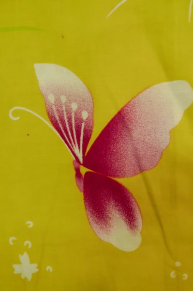 Photo6: P0722C Used Japanese kimono Yellow YUKATA summer(made in Other than Japan) for women / Cotton. Flower (Grade B) (6)