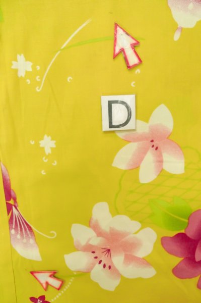 Photo18: P0722C Used Japanese kimono Yellow YUKATA summer(made in Other than Japan) for women / Cotton. Flower (Grade B) (18)